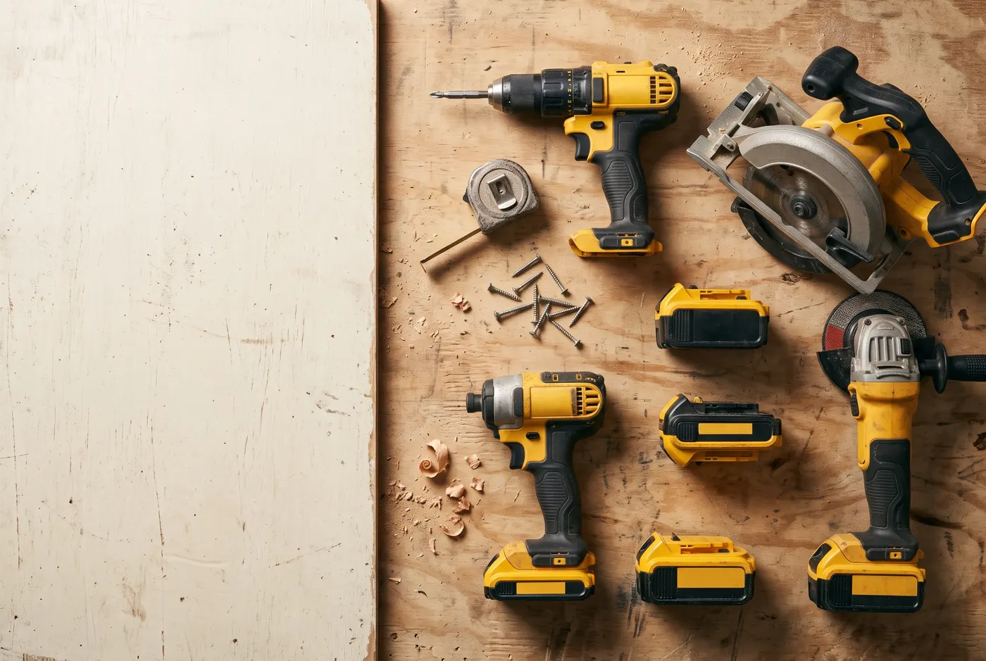 Cordless drill, impact driver, circular saw, angle grinder and batteries laid out on a plywood workbench