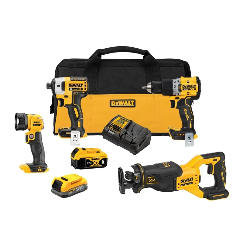 DEWALT 20V MAX XR Lithium-Ion Brushless Cordless 4-Tool Combo Kit with 5.0 Ah Battery, 1.7 Ah Battery, Charger and Kit Bag